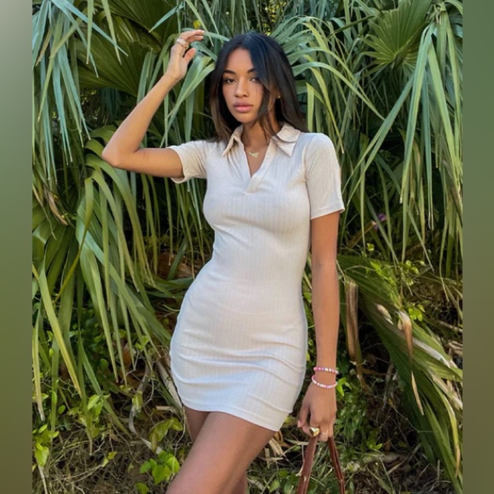 Princess Polly - Ribbed Beige Polo Mini Dress